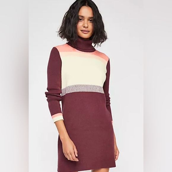 Free People Winter Break Color Block Turtle Neck Long Sleeve Sweater Dress Small - Picture 1 of 8